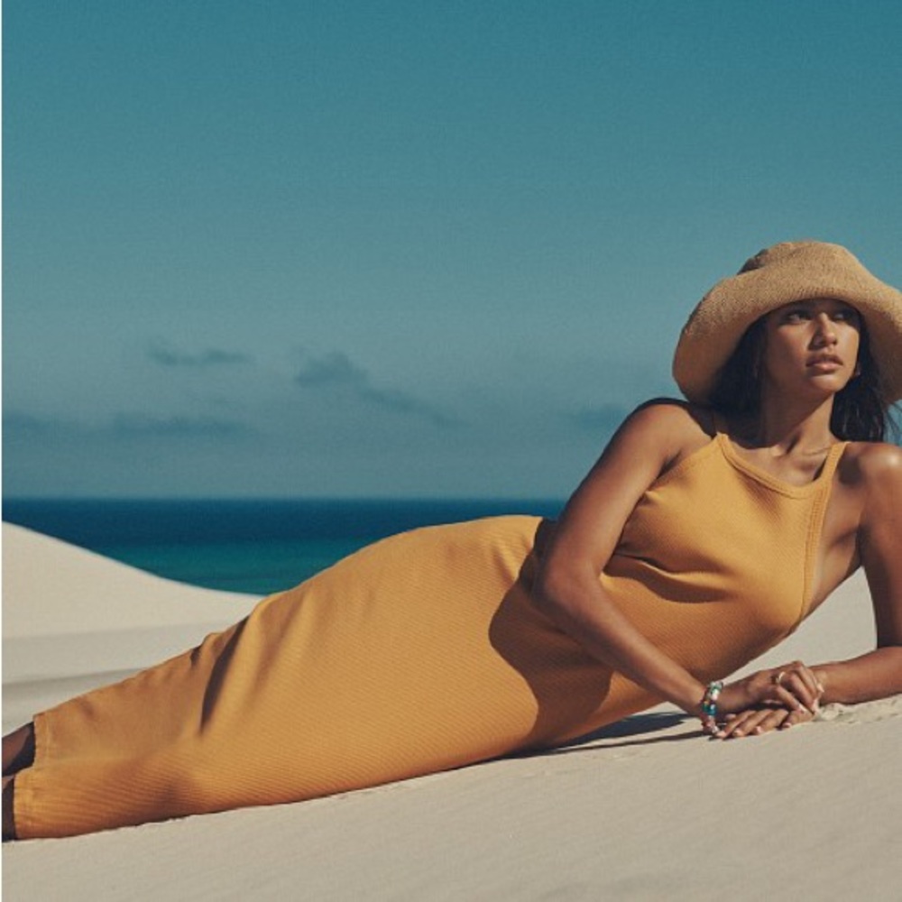 Spell Mustard Yellow Ribbed Midi Dress